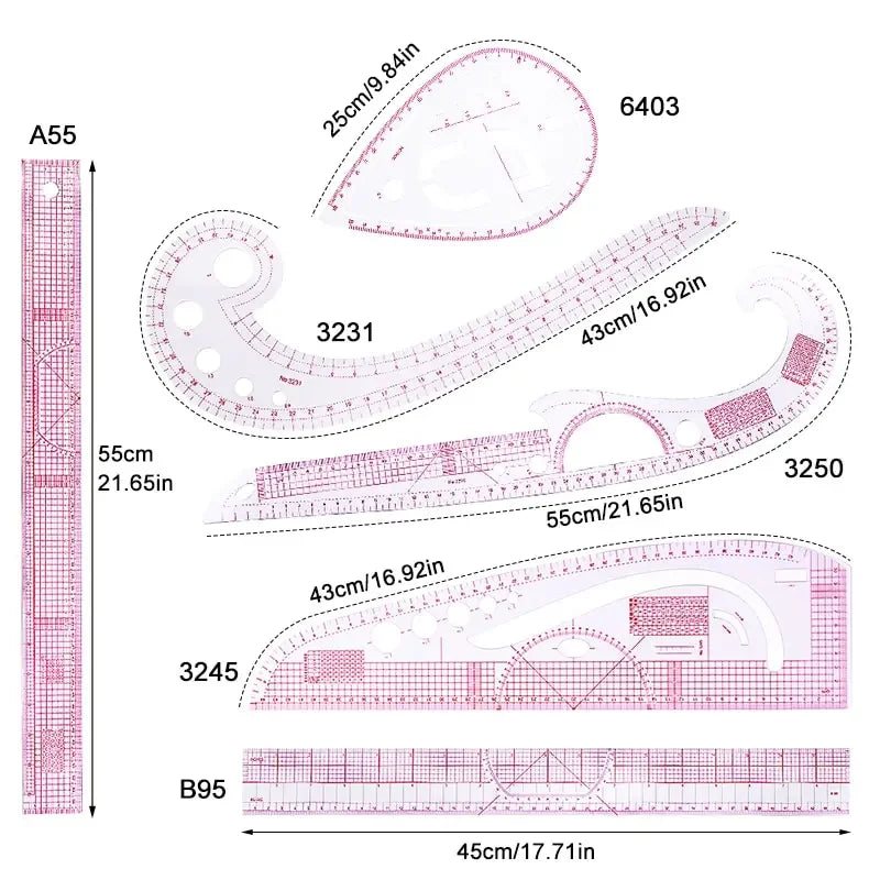 A set of six flexible French curve rulers for sewing and pattern drafting shown with various measurements.