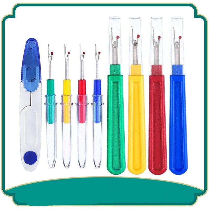 A set of colorful seam ripper and thread cutter tools with various colored handles and metal tips.