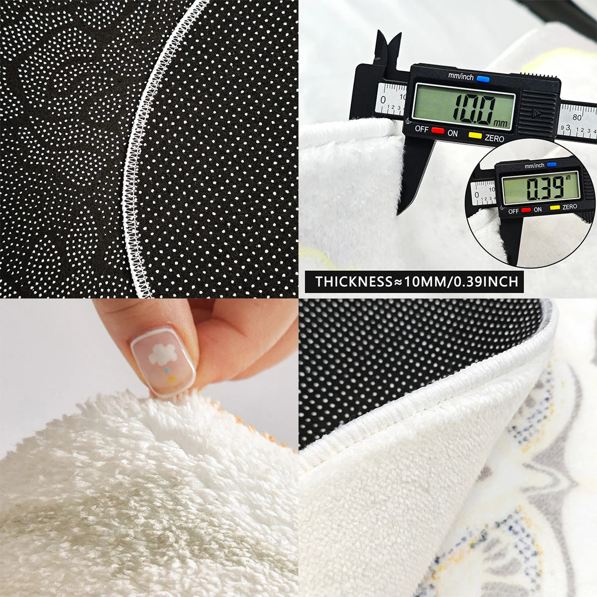 Close-up of a black non-slip throw rug with white stitching and a thickness measurement tool showing 10mm or 0.39 inch.