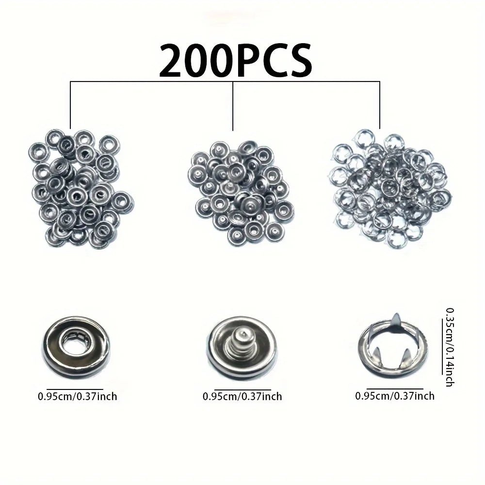 A set of 200 metal sewing buttons and snap fasteners in silver color.