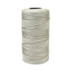 A spool of light beige cotton silk thread used for knitting and crafting.