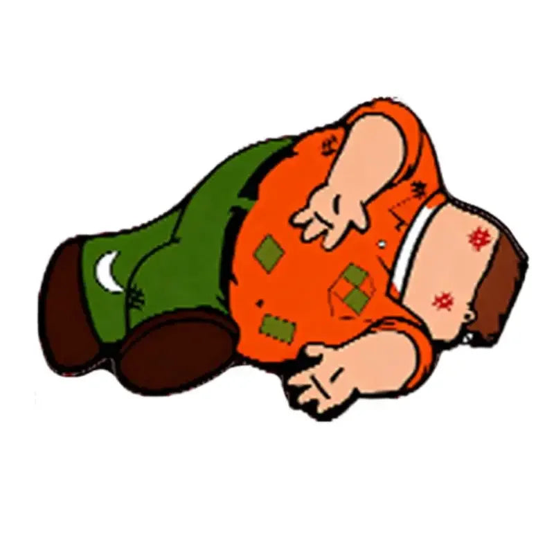 A cartoon illustration of a child wearing an orange shirt and green pants.