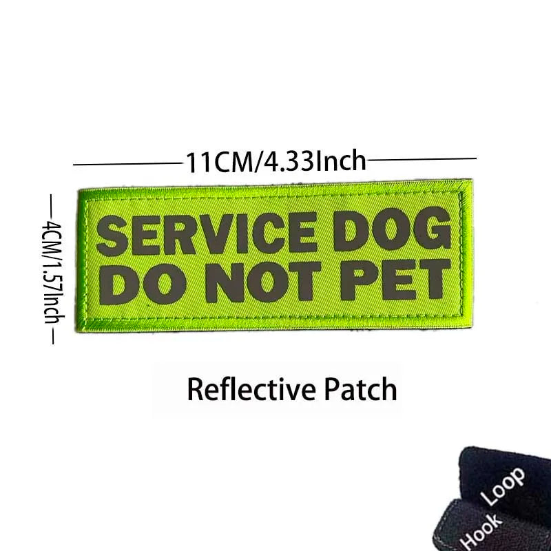 Lime green reflective patch embroidered with the text SERVICE DOG DO NOT PET