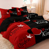 A printed bedding set featuring hearts and crowns with the text I'm her King and Queen in dark red and black.