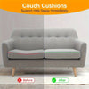 Before and after comparison showing couch cushion repair pads supporting a sagging sofa seat