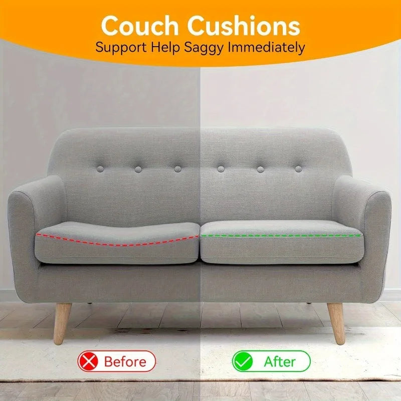 Before and after comparison showing couch cushion repair pads supporting a sagging sofa seat