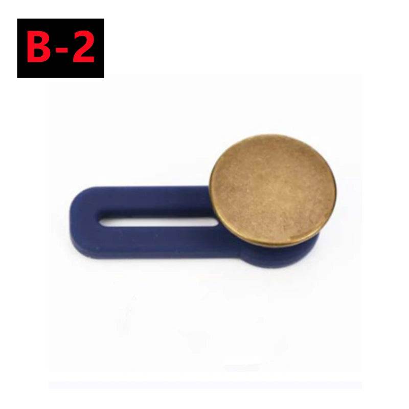 A metal button extender tool with a blue handle and a round brass-colored button top.