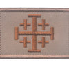 A rectangular embroidered military cross shield patch in tan color with a hook and loop backing.