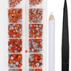 A clear plastic case containing a set of orange and silver crystal hot fix rhinestones and an applicator tool.