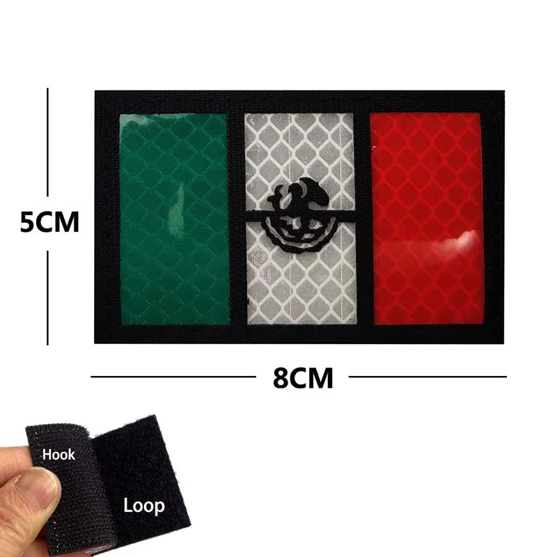 Three rectangular embroidery patches in green, gray, and red displayed against a black background with dimension markers.