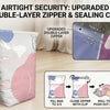 A storage bag for bedding showing how to fill, close with a clip, and seal the bag.