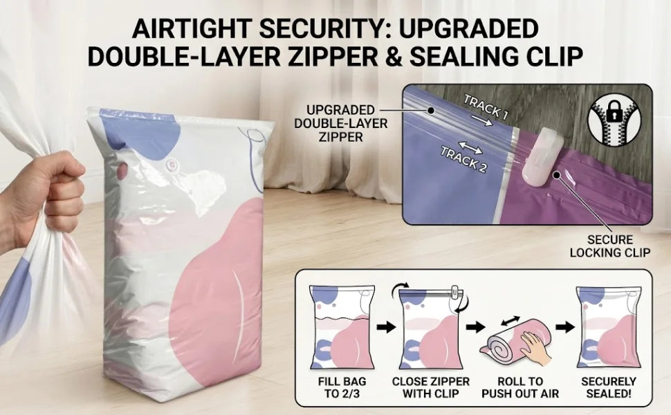 A storage bag for bedding showing how to fill, close with a clip, and seal the bag.