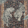 A richly patterned rug featuring a stylized jungle tiger design in black, white, and earthy tones.