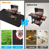 Comparison showing a heavy-duty double-sided grill mat before and after use, highlighting its protection for gardens and ease
