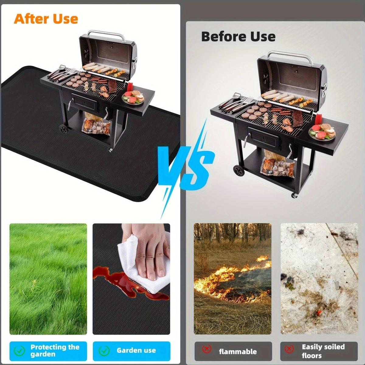 Comparison showing a heavy-duty double-sided grill mat before and after use, highlighting its protection for gardens and ease