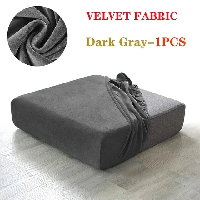 Dark gray velvet fabric sofa seat covers shown on a piece of furniture.
