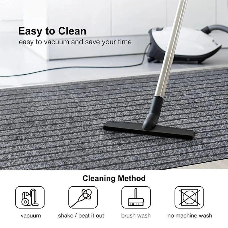 A silver self-adhesive striped runner rug is shown on a gray floor, demonstrating various cleaning methods.