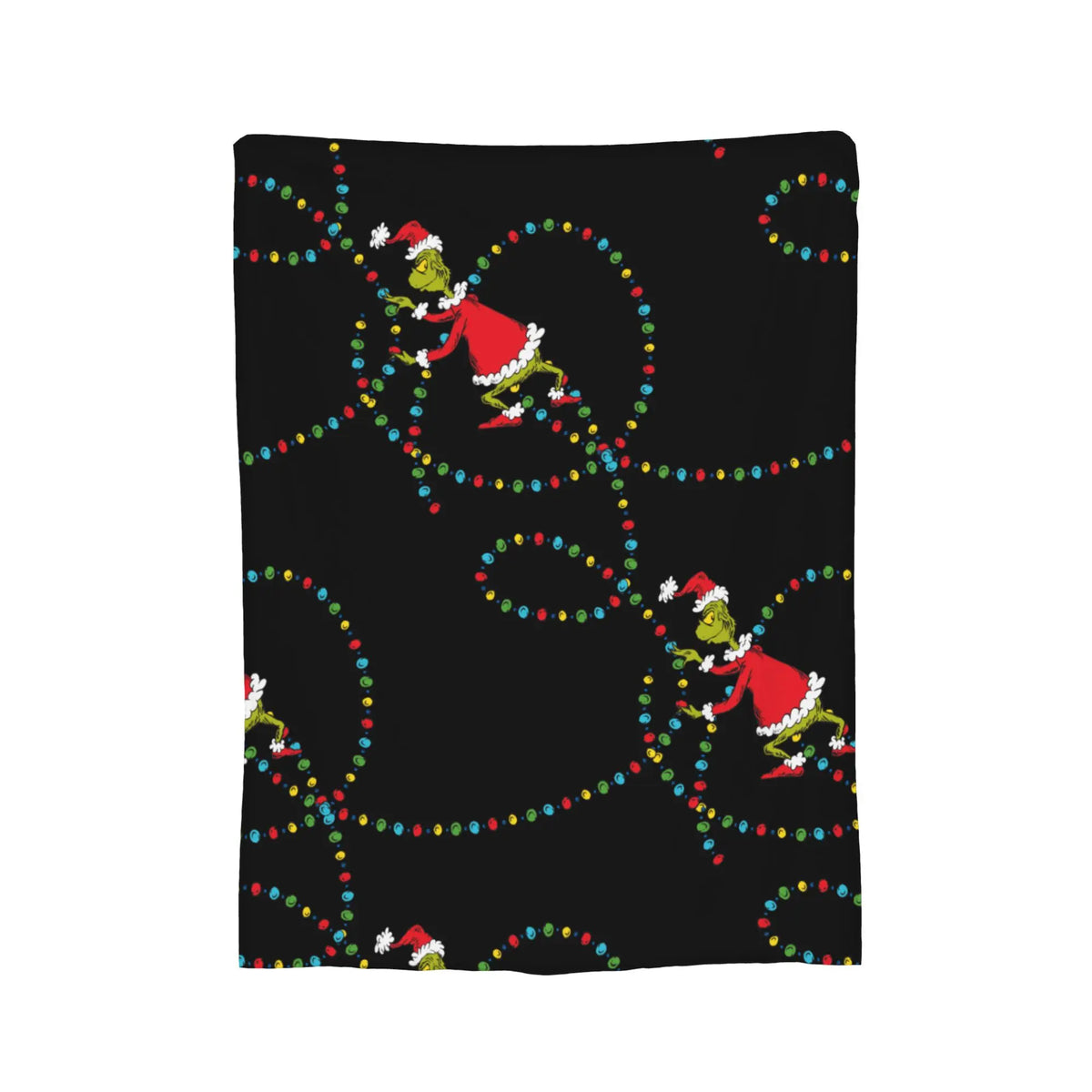 A black throw blanket decorated with colorful string lights and Christmas elf figures.