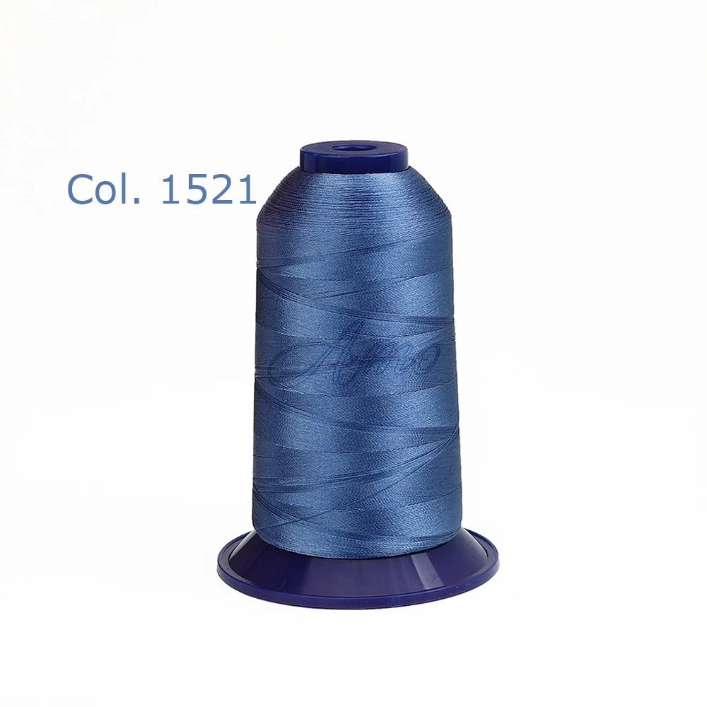 A spool of blue embroidery thread, color 1521, for high tenacity polyester work.