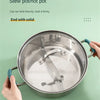 A hand is holding a stainless steel stew pot with a silicone pan handle cover on, demonstrating its secure fit.