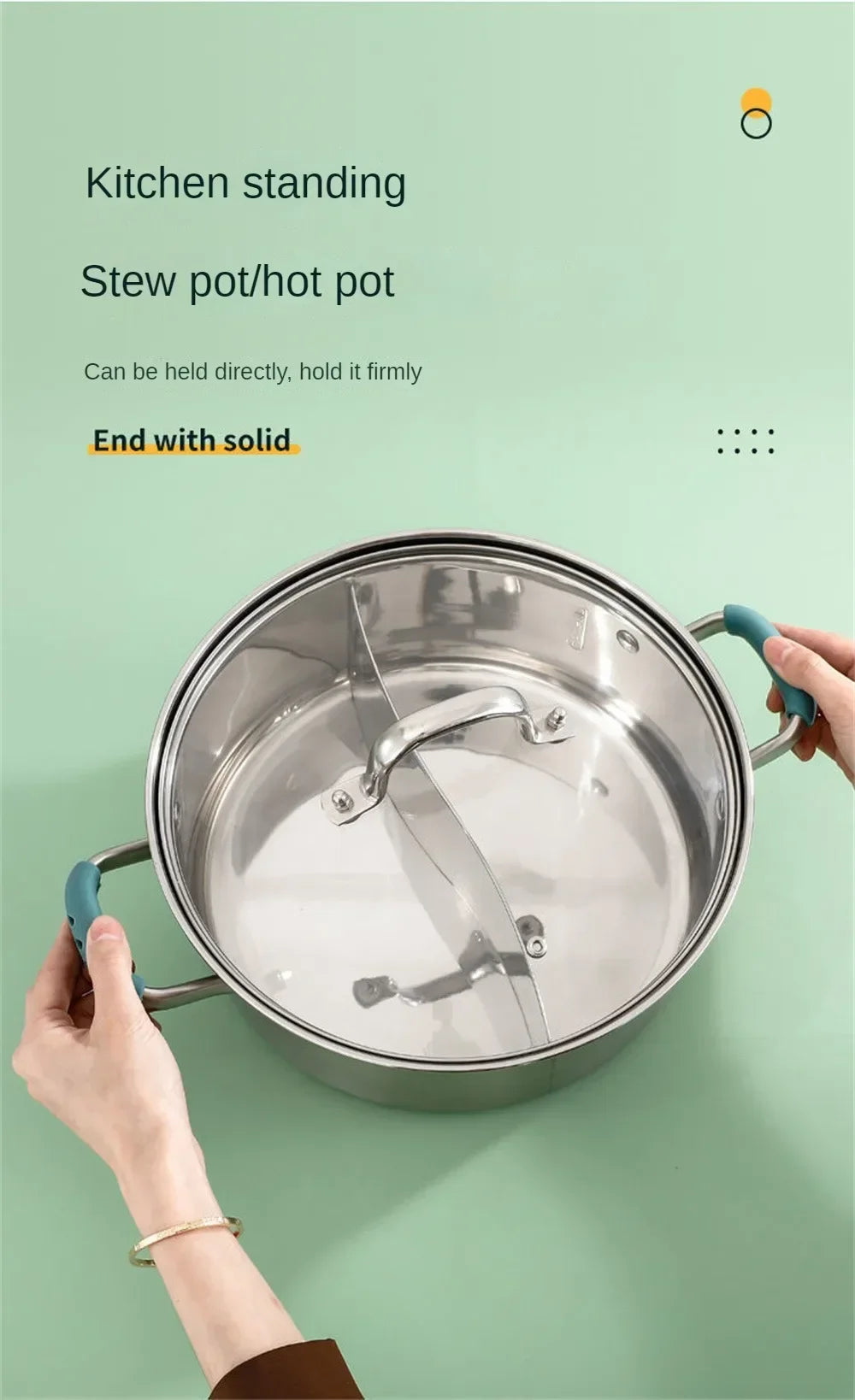 A hand is holding a stainless steel stew pot with a silicone pan handle cover on, demonstrating its secure fit.