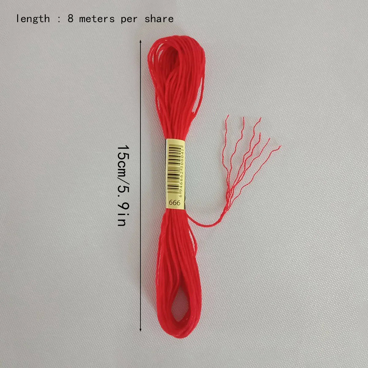 A spool of bright red polyester cross-stitch thread, 8 meters per share, is shown against a white background.