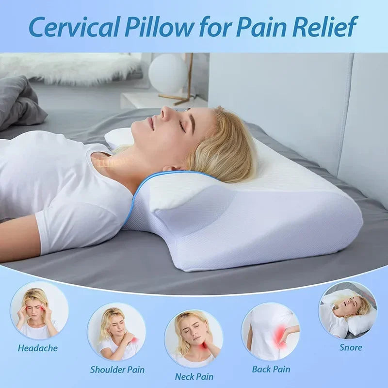 A white memory foam cervical pillow being used for pain relief on a person's neck and shoulder area.