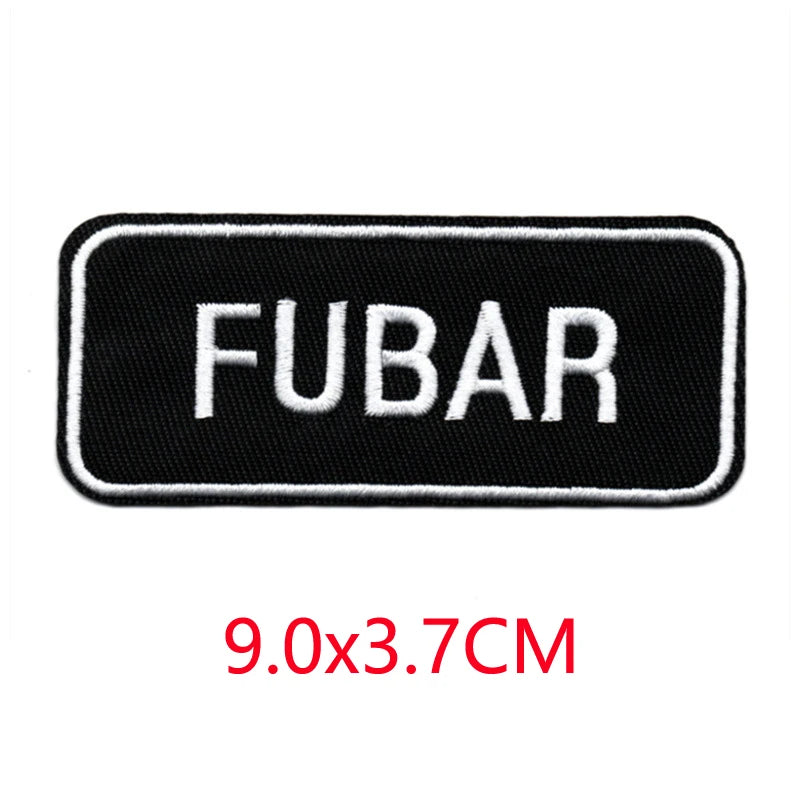 Black iron-on embroidered letter patch with the text FUBAR and dimensions 9.0x3.7cm