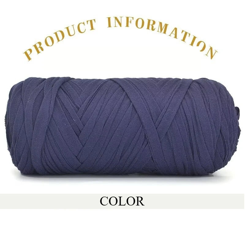 A skein of dark blue thick polyester blended yarn is shown rolled up against a white background.