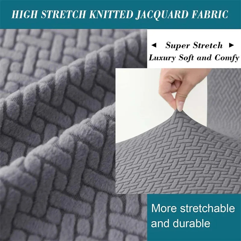 Close-up of gray high stretch knitted jacquard fabric showing texture and stretch properties