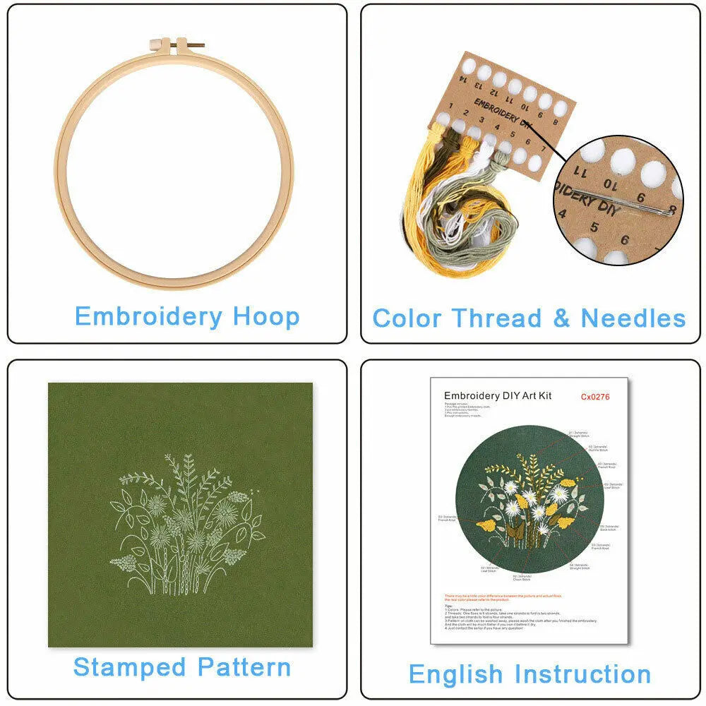 Embroidery kit showing a hoop, color thread and needles, a stamped pattern, and an English instruction sheet.