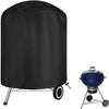 Black heavy duty round charcoal grill cover with a stand.