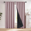 A pair of floor-length mauve curtains with a black diagonal panel hanging in a window frame.