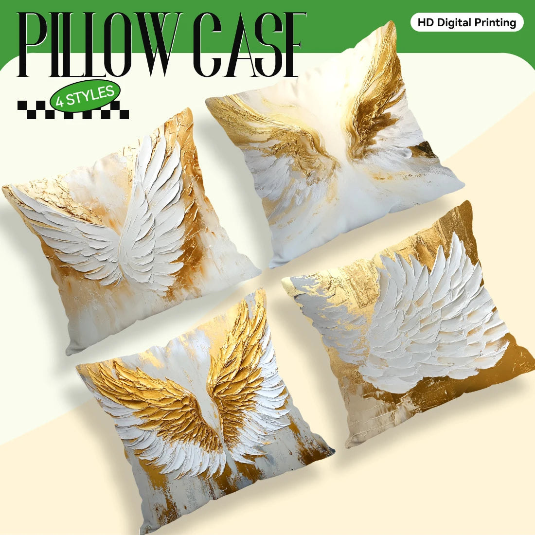 Four styles of decorative pillow cases featuring golden and white wing designs printed on fabric.