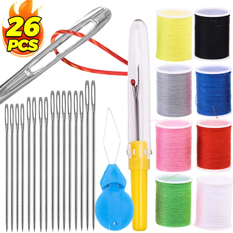 A kit for heavy duty leather sewing and embroidery featuring needles, thread spools, and a silver tool.