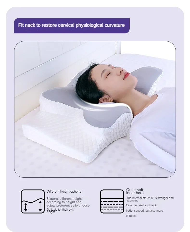 A person is using a white memory foam contour neck pillow to restore cervical physiological curvature while sleeping.