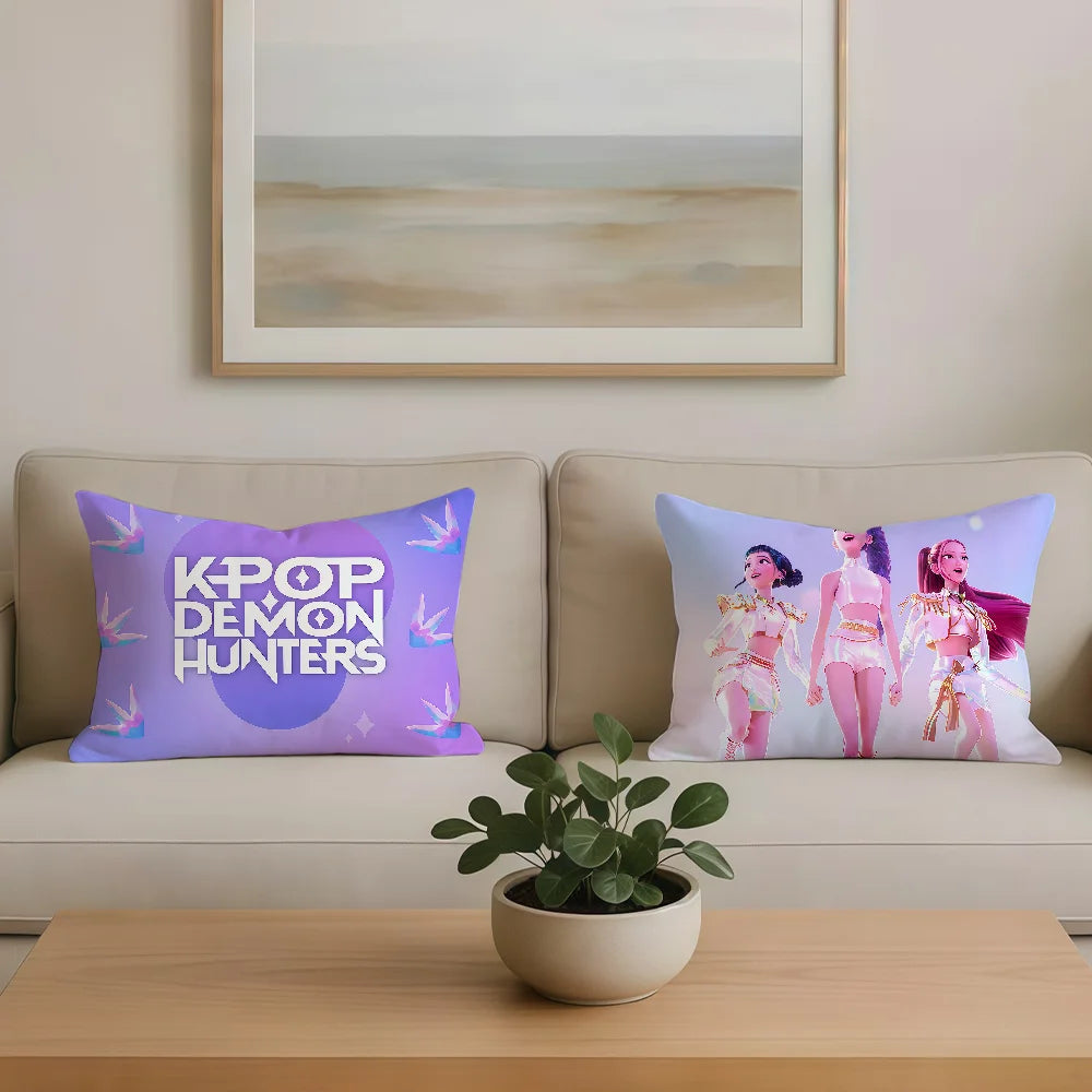 Purple cushion covers featuring a demon hunter theme with a stylized figure.