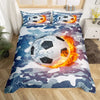 A football-themed duvet cover featuring a soccer ball engulfed in bright orange flames on a camouflage background.