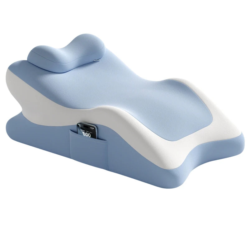 A light blue memory foam body pillow with a white accent, designed for comfort.
