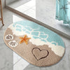 A beige and blue rug featuring a starfish, seashell, and heart design for a Nordic beach theme.