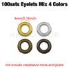 A set of 100 eyelets in four colors, including brass, silver, and bronze tones.