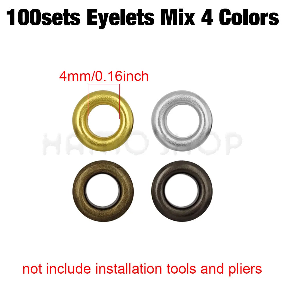 A set of 100 eyelets in four colors, including brass, silver, and bronze tones.