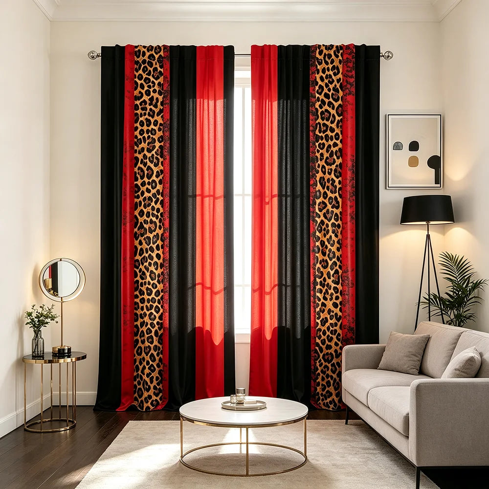 Modern leopard print curtains in black and red hang in a living room window.