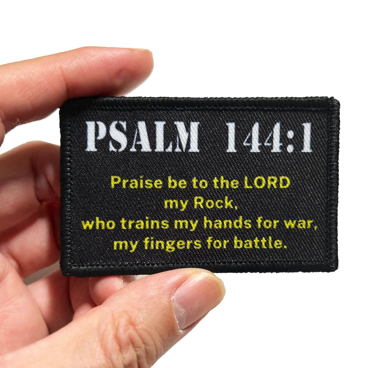 Black embroidered combat patch badge with the text Psalm 144:1