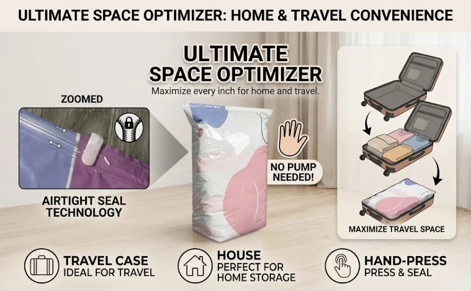 A large no-pump vacuum storage bag is shown with features highlighting airtight seal technology, suitability for travel, and 