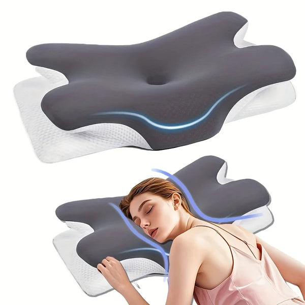 A woman is using a gray ergonomic memory foam neck pillow for sleep, highlighting the blue light feature.