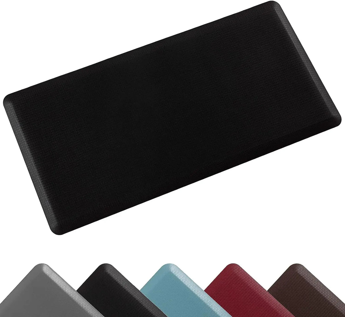 A black anti-fatigue PVC kitchen mat shown from above.
