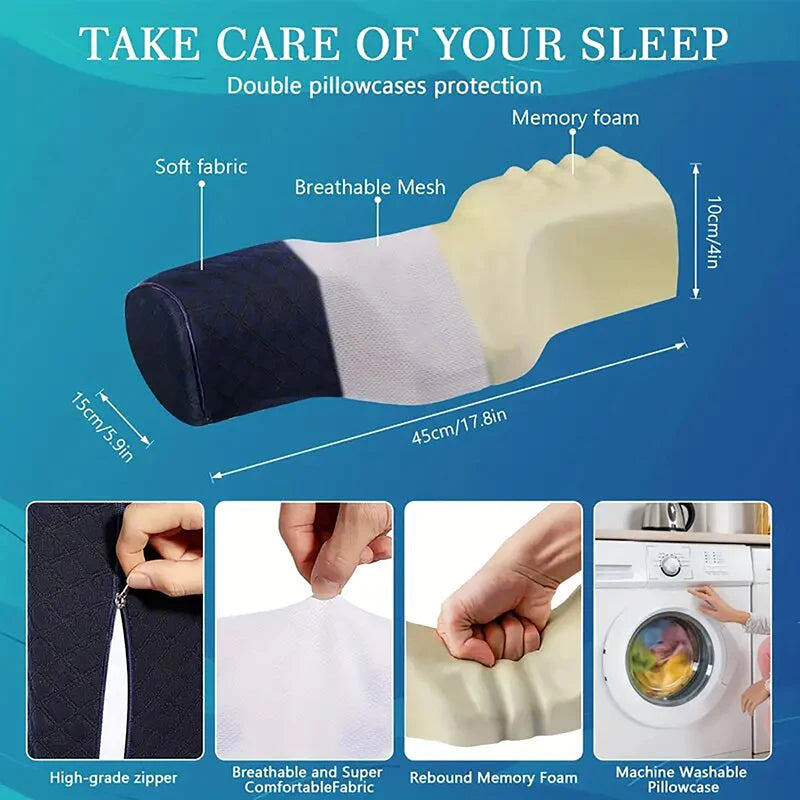 A memory foam cervical pillow with double pillowcases showing fabric details and a washing machine context.