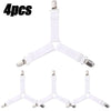 Four white adjustable bed sheet grippers with clips arranged in a V-shape.
