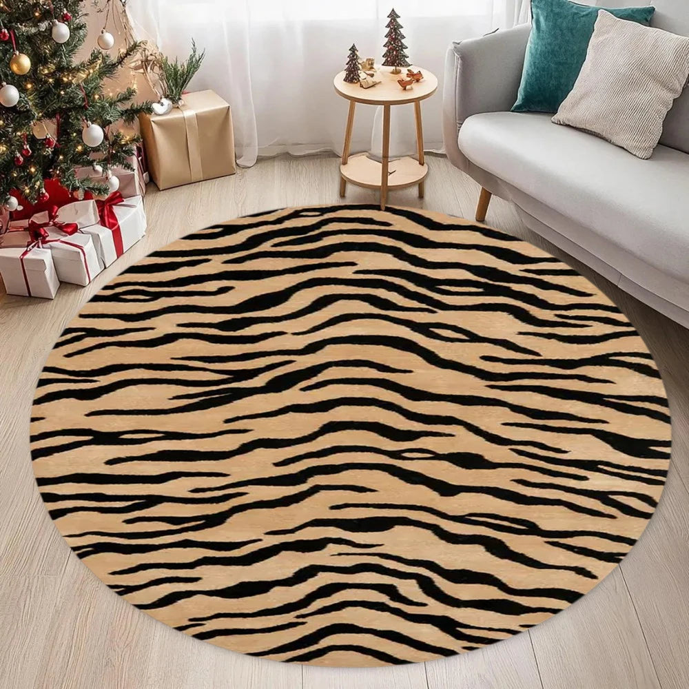 Circular leopard print anti-slip door mat rug with black and tan stripes on a light wood floor.